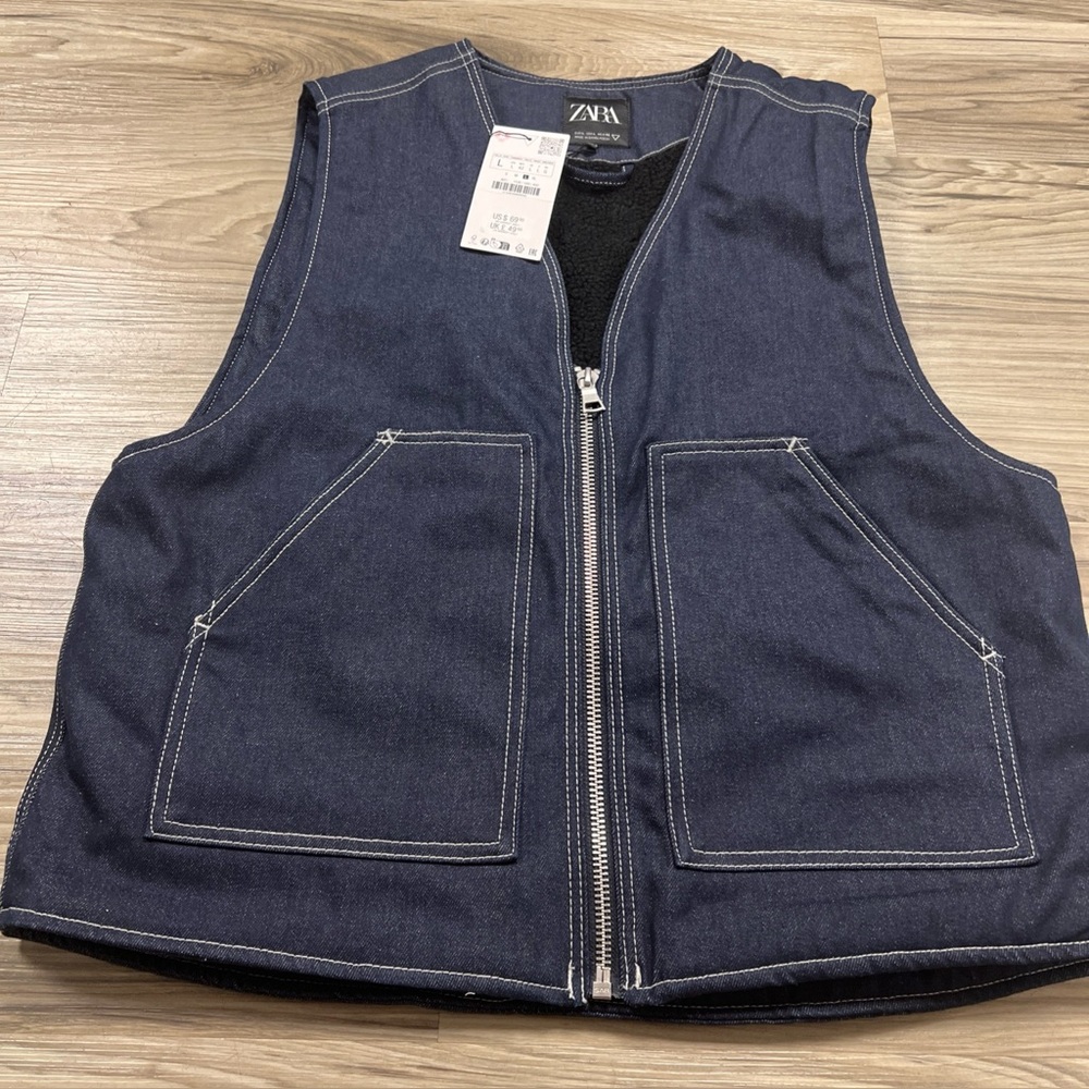 ZARA Seamed Denim Vest Indigo Blue Sherpa Lined Sleeveless Jacket Mens Large NWT